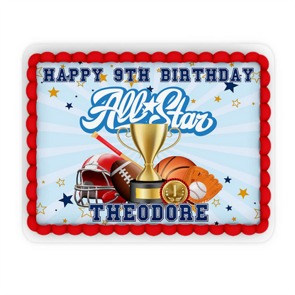 All Star Sports personalized edible sheet cake images displaying a rectangular field pattern with custom name text overlay.