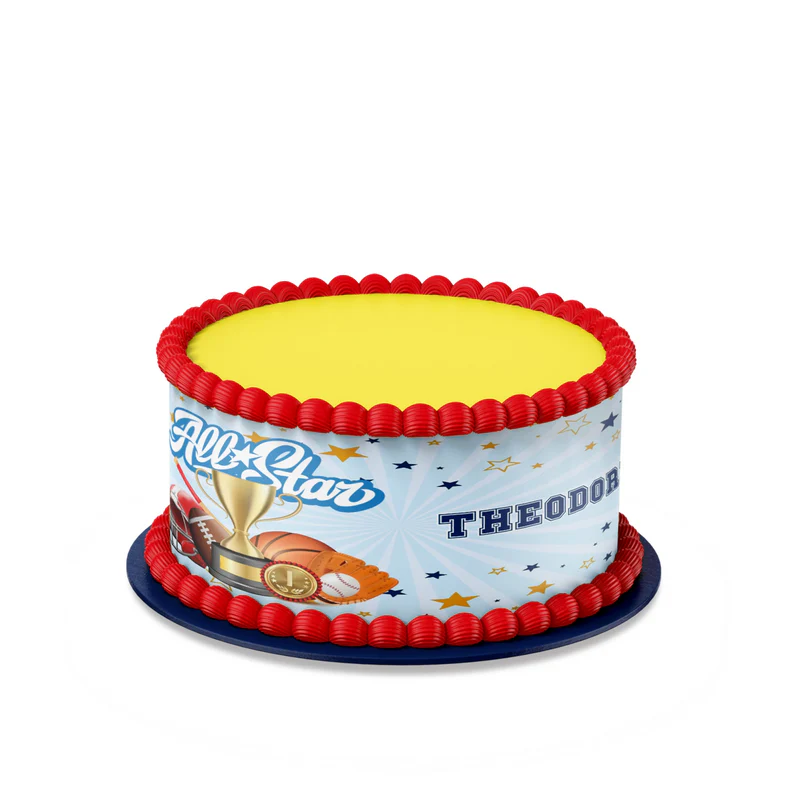 All Star Sports personalized cake strips image featuring red, white, and blue athletic ball patterns on a flat lay view.