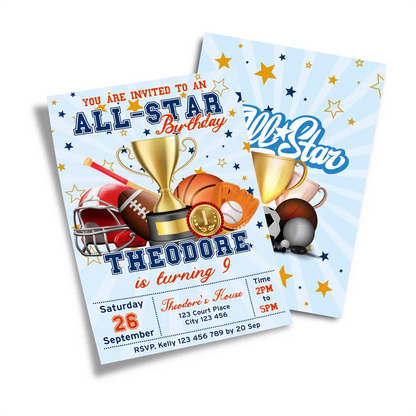 All Star Sports personalized birthday card invitations with red border, bold athletic font typography, and stars motif.