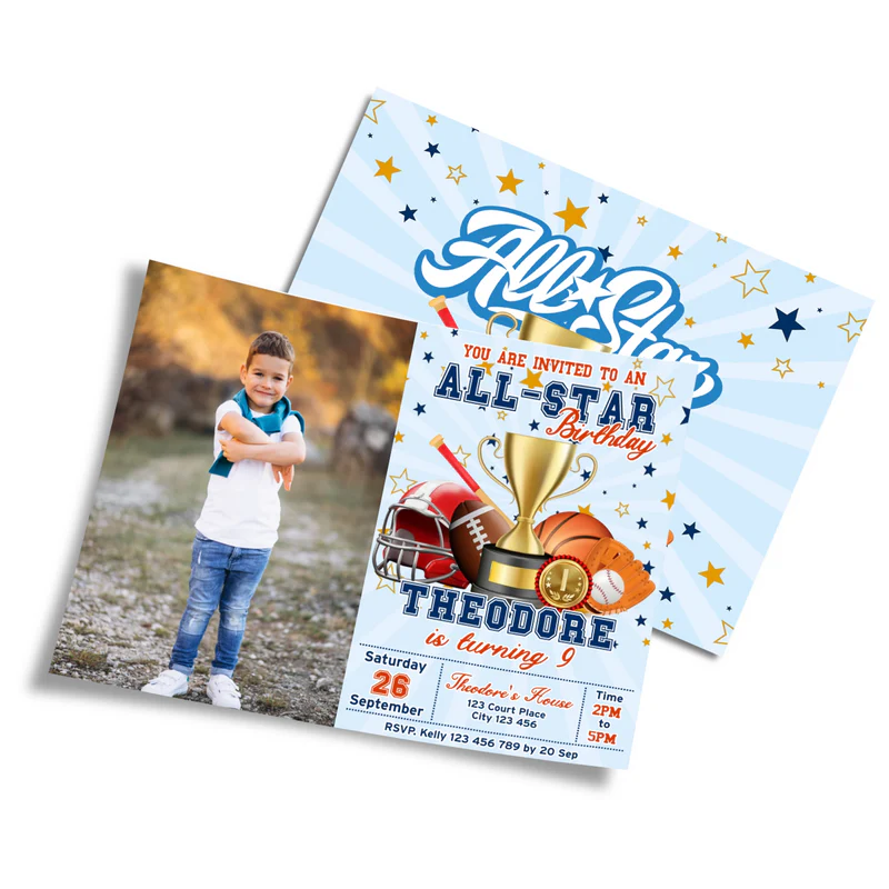 All Star Sports personalized photo card invitations showing an athletic ticket template with custom child portrait slot.
