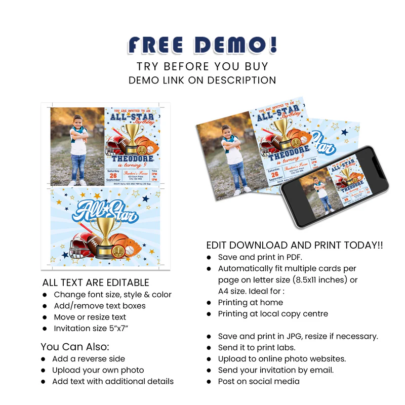 All Star Sports Personalized Photo Card Invitations