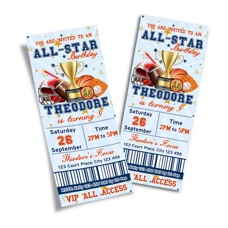 All Star Sports personalized birthday ticket invitations shaped like a stadium admission pass with red and blue stripes.