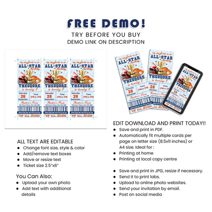 All Star Sports Personalized Birthday Ticket Invitations