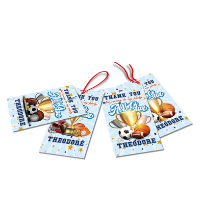 All Star Sports thank you tags featuring a bold star pattern and red text with a pre-punched top hole on white background.