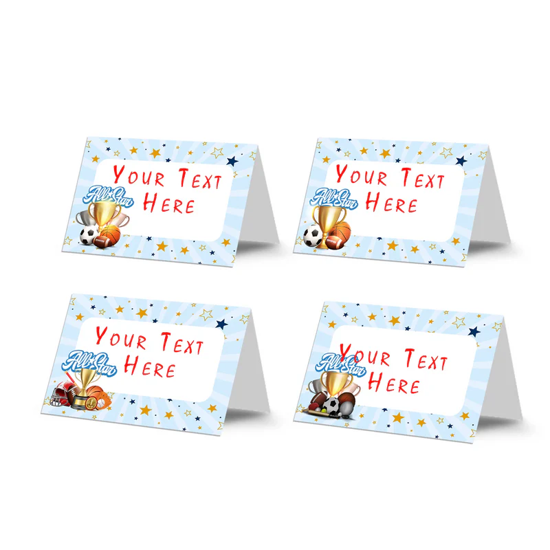 All Star Sports food cards showing  tented labels with basketball and soccer ball graphics on a green border.