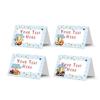 All Star Sports food cards showing  tented labels with basketball and soccer ball graphics on a green border.