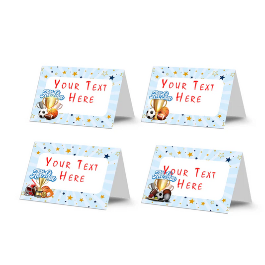 All Star Sports food cards showing  tented labels with basketball and soccer ball graphics on a green border.
