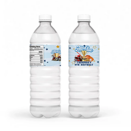 All Star Sports water bottle label wrap featuring blue stripes and waterproof texture on a plastic bottle flat lay mockup.