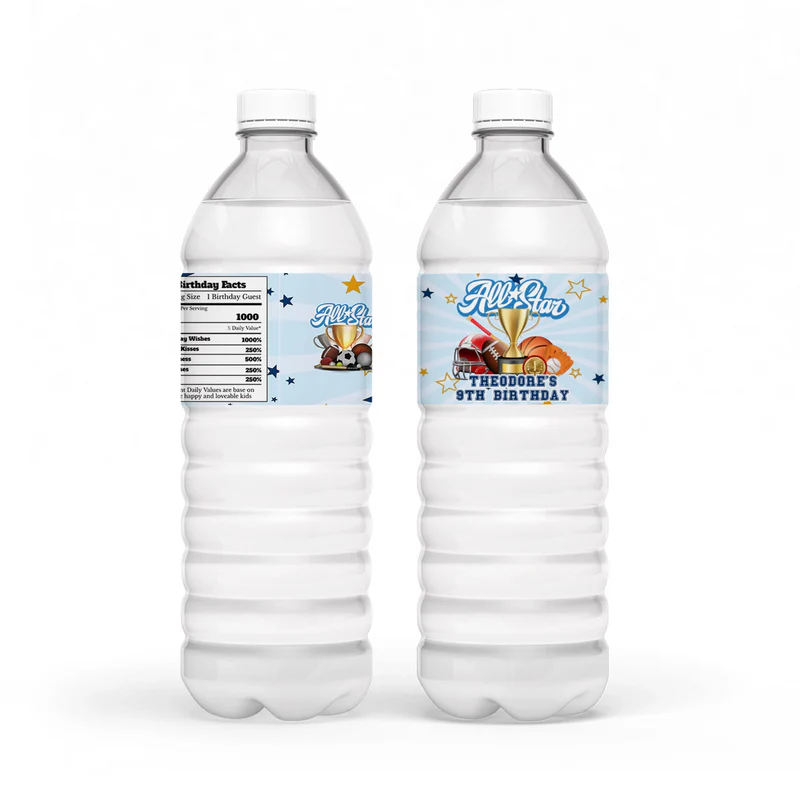 All Star Sports water bottle label wrap featuring blue stripes and waterproof texture on a plastic bottle flat lay mockup.