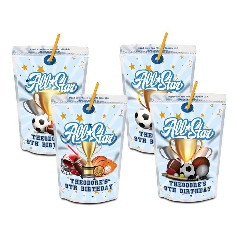 All Star Sports juice pouch label featuring a rectangle shape with custom name over a green grass field background pattern.