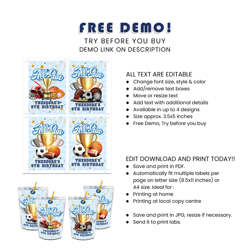 All Star Sports Juice Pouch Label Template