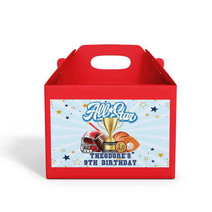 All Star Sports treat box label wrapped around a small paper gable box with vibrant red star and athletic font accents.