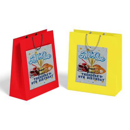 All Star Sports goodie bag label displayed as a paper fold-over header attached to a clear plastic candy bag mockup.