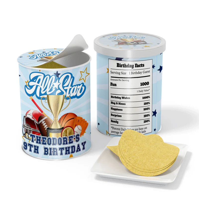 All Star Sports small Pringles label wrap featuring a colorful basketball and football graphic layout on a snack container.