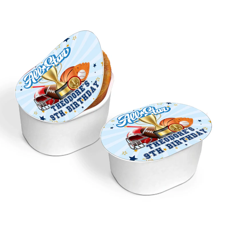 All Star Sports mini Pringles label sticker showing custom birthday text wrapped neatly around a small snack canister.