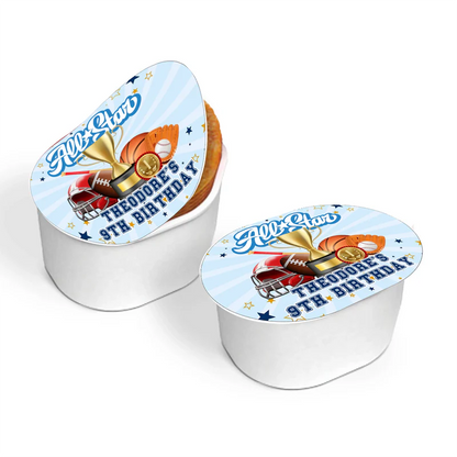 All Star Sports mini Pringles label sticker showing custom birthday text wrapped neatly around a small snack canister.