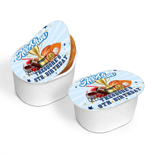 All Star Sports mini Pringles label sticker showing custom birthday text wrapped neatly around a small snack canister.