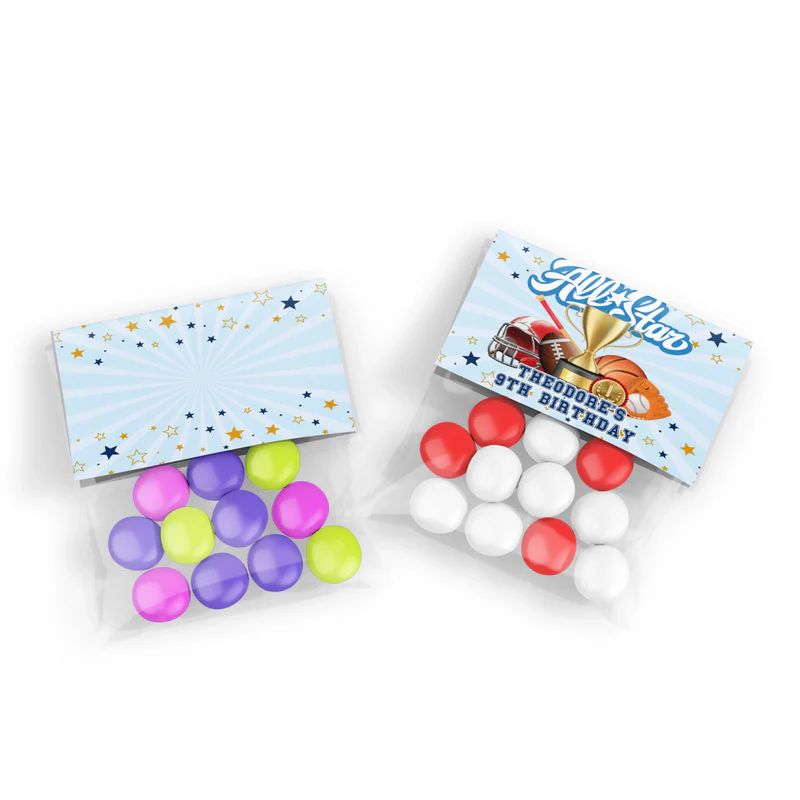 All Star Sports treat bag topper label folded over clear cellophane party favors filled with multi-colored candies.