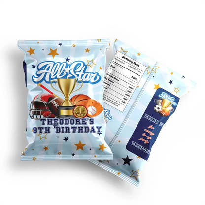 All Star Sports chips bag label featuring a glossy custom snack wrapper with blue stars and red sport border accents.