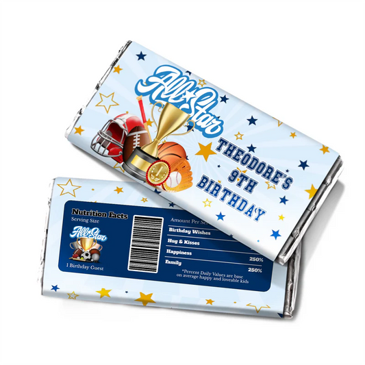 All Star Sports chocolate label wrapped around a standard candy bar showing nutrition facts graphic and custom text.