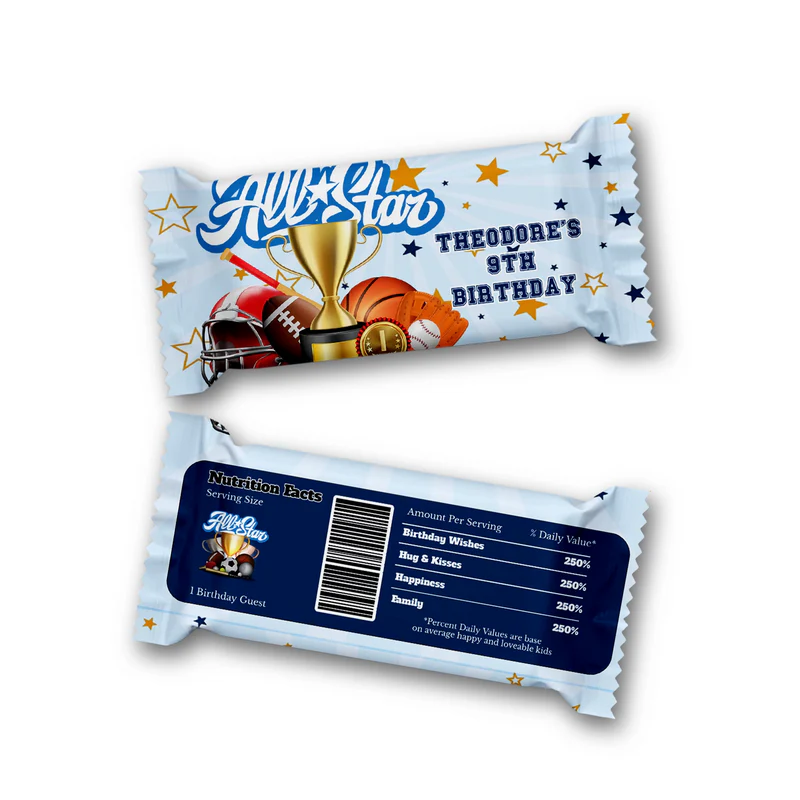All Star Sports Rice Krispies treats label and candy bar label displaying matching red, white, and blue wrappers flat lay.