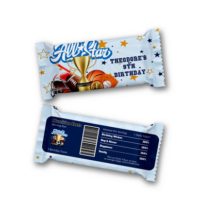 All Star Sports Rice Krispies treats label and candy bar label displaying matching red, white, and blue wrappers flat lay.