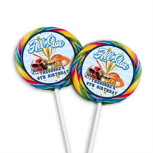 All Star Sports lollipop label featuring a round glossy sticker with a basketball graphic centered on a round sucker.