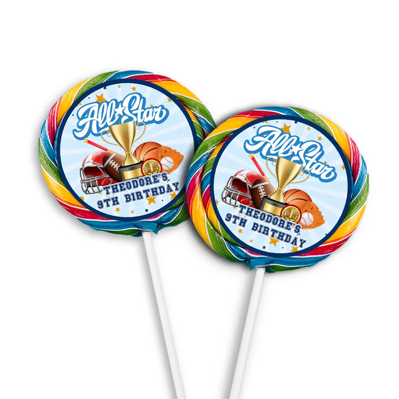 All Star Sports lollipop label featuring a round glossy sticker with a basketball graphic centered on a round sucker.