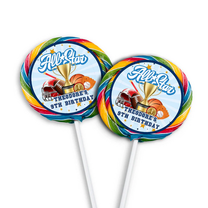 All Star Sports lollipop label featuring a round glossy sticker with a basketball graphic centered on a round sucker.