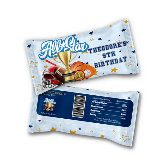All Star Sports Skittles label showcasing a custom candy wrapper overlay with vibrant red lettering and a stars pattern.