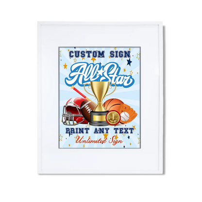 All Star Sports custom sign displaying a rectangular board with bold athletic typography on a wooden table easel mockup.