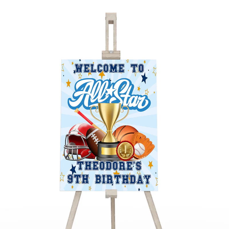 All Star Sports welcome sign featuring a large vertical poster design with a green stadium background texture.