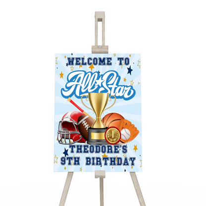 All Star Sports welcome sign featuring a large vertical poster design with a green stadium background texture.