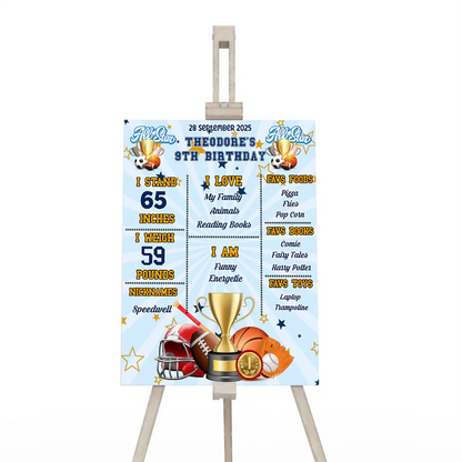 All Star Sports milestone poster layout showing a chalkboard texture background with colorful custom growth text entries.