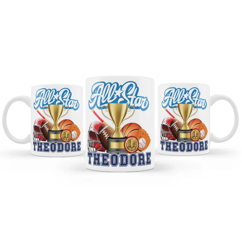 All Star Sports sublimation mug featuring a glossy white ceramic finish with printed basketball and baseball graphics.