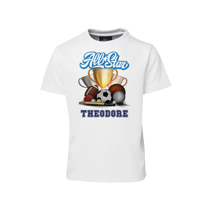 All Star Sports sublimation t-shirt displaying a white cotton graphic tee with a custom sports jersey print layout.