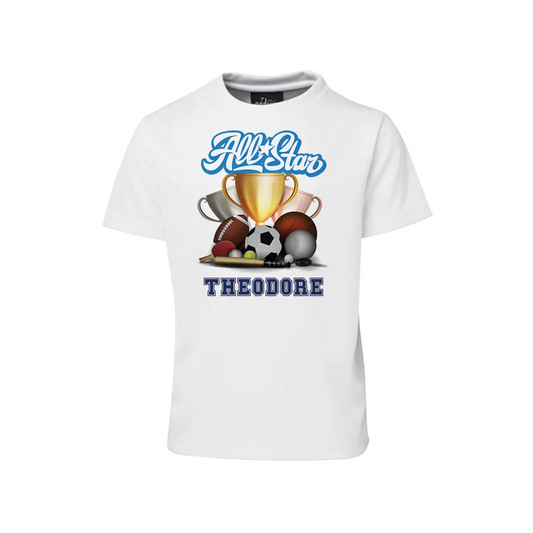 All Star Sports sublimation t-shirt displaying a white cotton graphic tee with a custom sports jersey print layout.