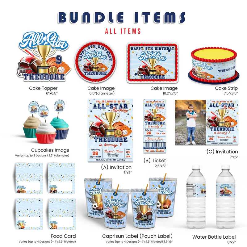 All Star Sports personalized party pack bundle displaying matching favor labels, invites, and signs on a blue background.