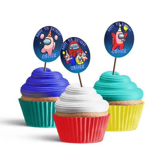 Among Us Personalized cupcake Toppers featuring Custom names and characters