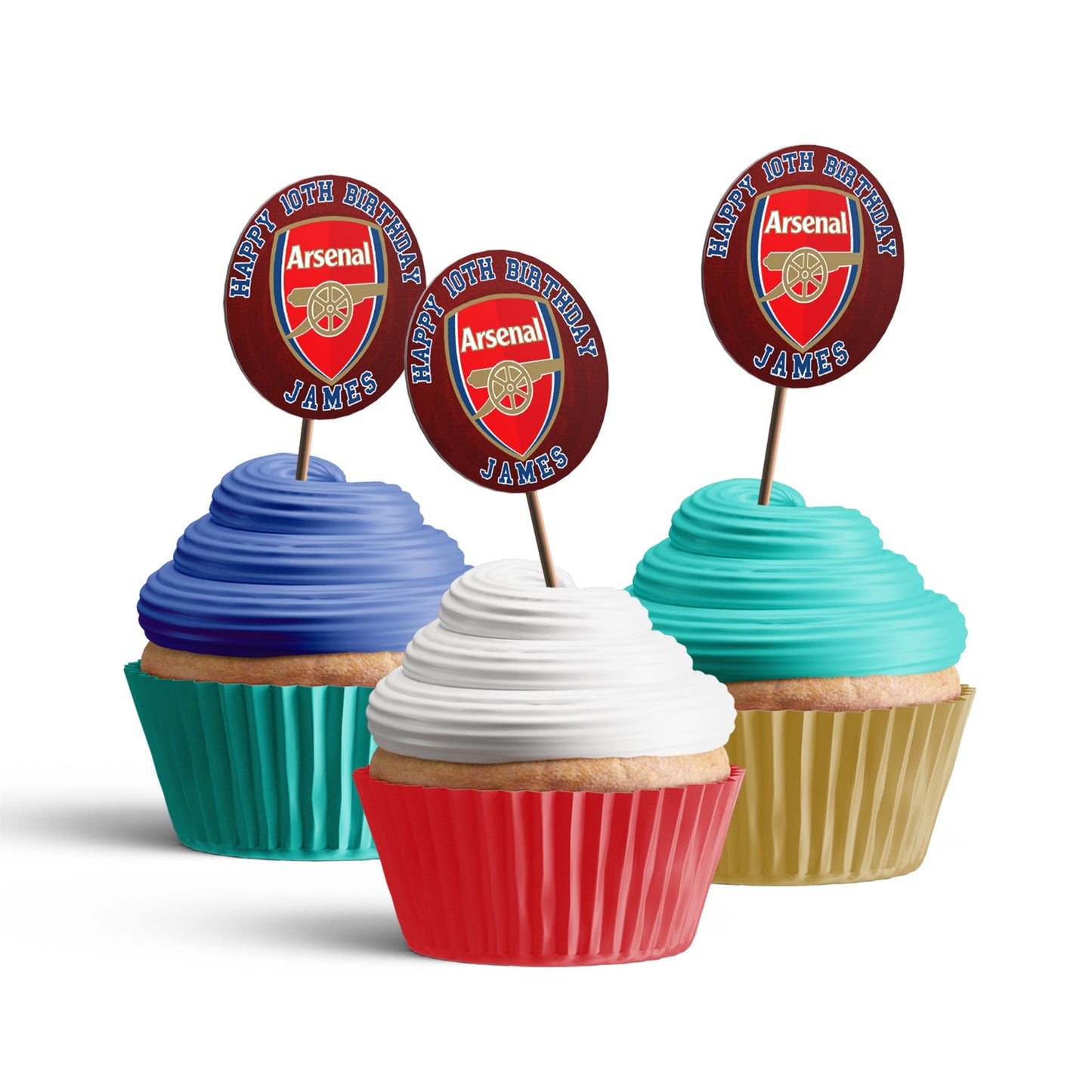 Arsenal themed personalized cupcakes toppers