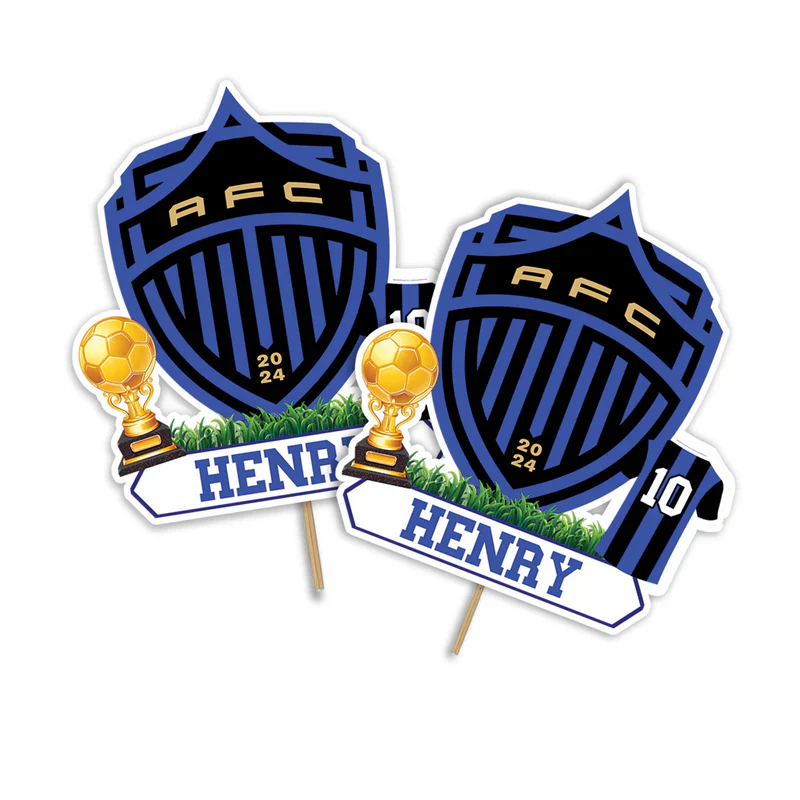 Auckland FC personalized cake toppers with team colors and name flat lay on party table