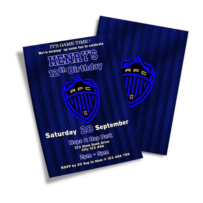 Auckland FC birthday invitations with personalized text and football pattern flat lay