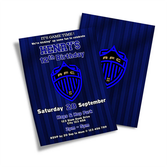 Auckland FC birthday invitations with personalized text and football pattern flat lay