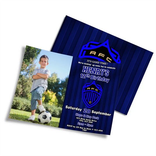 Auckland FC photo card invitations with player image and green blue theme flat lay