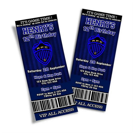 Auckland FC birthday ticket invitations with team colors and editable event details