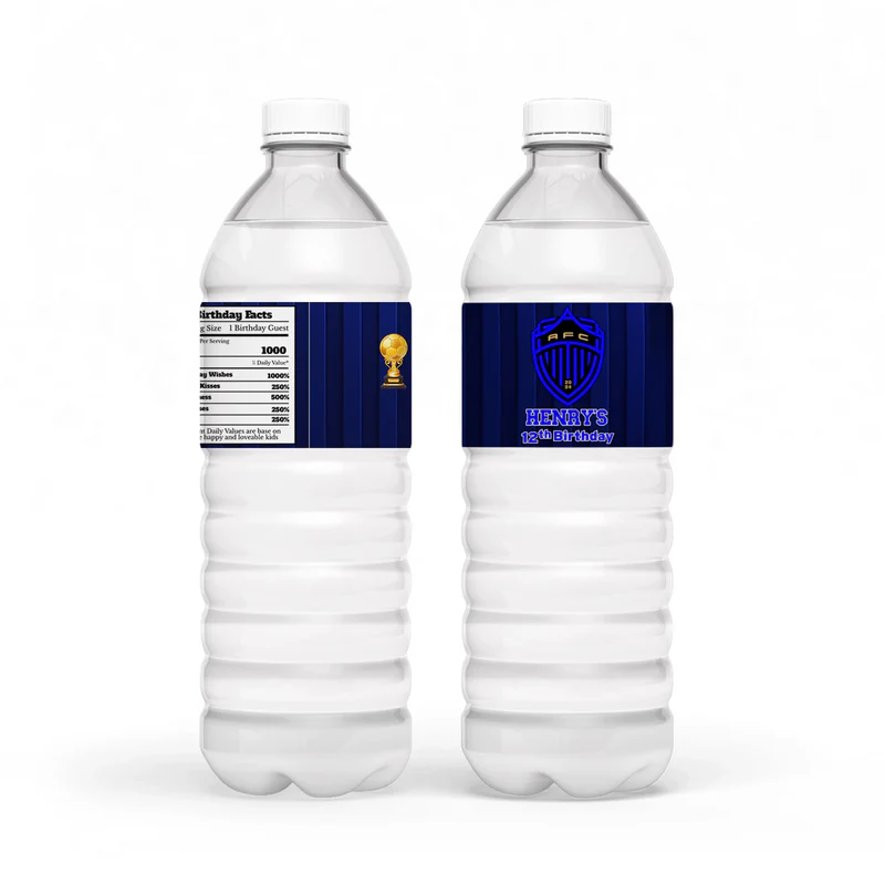Auckland FC water bottle label with green blue soccer wrap on clear plastic bottle