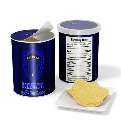 Auckland FC small Pringles label with soccer pattern wrapped around mini chip can