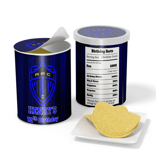 Auckland FC small Pringles label with soccer pattern wrapped around mini chip can