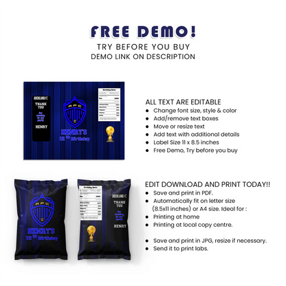 Auckland FC Chips Bag Label Custom Printable Soccer Party Favor