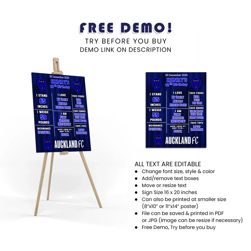 Auckland FC Milestone Poster Custom Birthday Sign for Football Fans